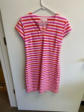 Jude Connally Pink, White & Coral Striped V-Neck Shift Dress